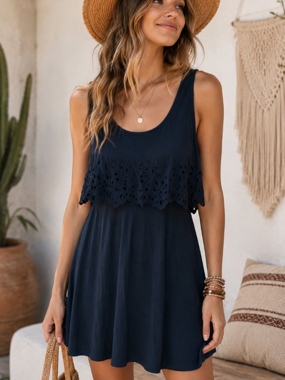 Alya Womens Sleeveless Tank Dress Navy Blue Crochet Overlay Modal Size XS
